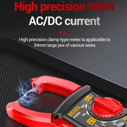 ANENG Clamp Meter for AC and DC Electrical Measurements - red clamp meter showing 600A AC/DC current, 34mm jaw for safe live-wire testing