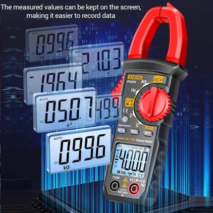 ANENG Clamp Meter for AC and DC Electrical Measurements showing clamp meter measuring AC/DC values on live wires with digital display