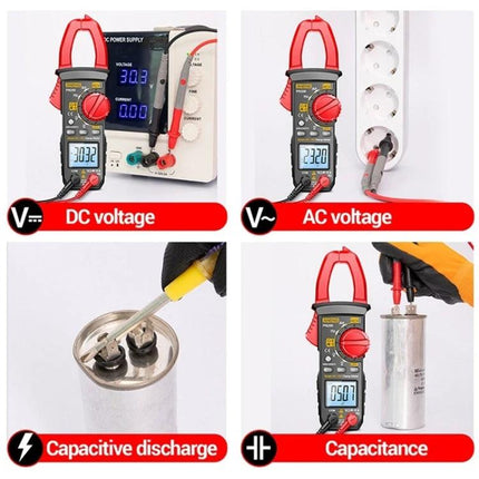ANENG Clamp Meter for AC and DC Electrical Measurements measuring DC voltage, AC voltage, capacitive discharge and capacitance on live circuits