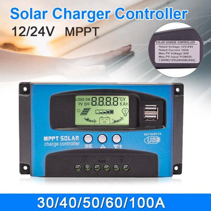 Solar Charge Controller for 12V and 24V Battery Systems - blue MPPT solar charge controller with LCD display and USB ports (30/40/50/60/100A)