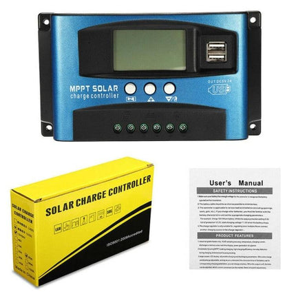 Solar Charge Controller for 12V and 24V Battery Systems - MPPT regulator with LCD display, USB ports, terminals, and user manual