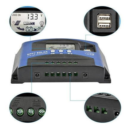 Solar Charge Controller for 12V and 24V Battery Systems - MPPT unit with LCD display, USB ports and multi-terminal connections for off-grid RVs and cabins