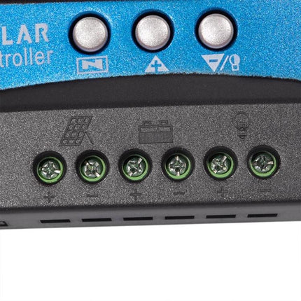 Solar Charge Controller for 12V and 24V Battery Systems - close-up of terminals, LEDs and control buttons for RV and off-grid solar setups