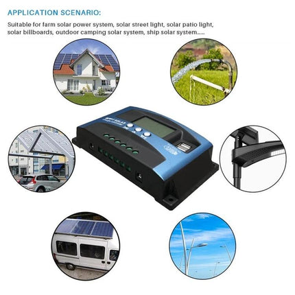 Solar Charge Controller for 12V and 24V Battery Systems — 16-level AD regulator for off-grid cabins, RVs, solar street & patio lighting