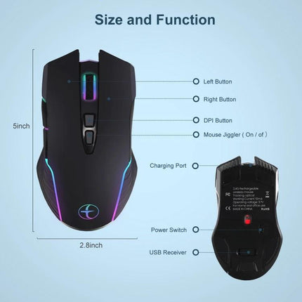 E50 Portable Wireless Mouse with 7 Keys for Daily Computing - black ergonomic 7-key travel mouse with RGB lighting, DPI and power switch, USB receiver