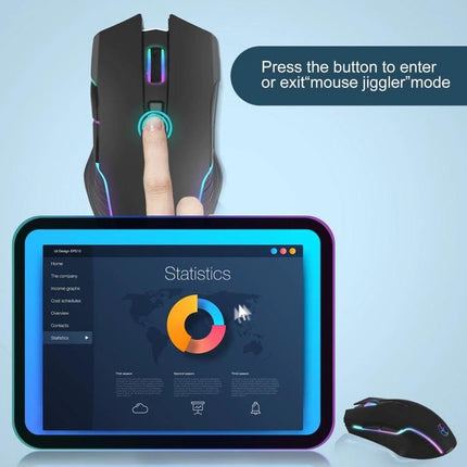 E50 Portable Wireless Mouse with 7 Keys for Daily Computing shown with finger pressing jiggler button and tablet displaying statistics