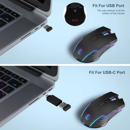 E50 Portable Wireless Mouse with 7 Keys for Daily Computing showing wireless USB and USB‑C receiver options and ergonomic RGB design