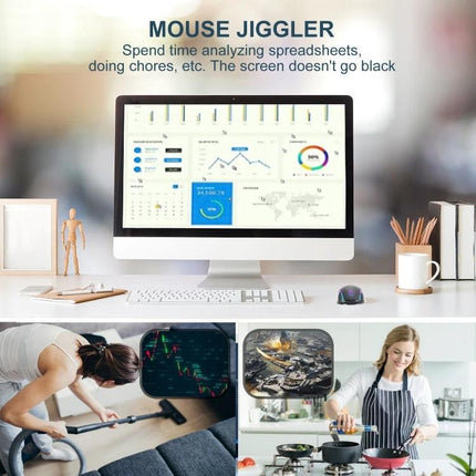 E50 Portable Wireless Mouse with 7 Keys for Daily Computing on a desk next to monitor showing analytics, ideal for travel and long computing sessions