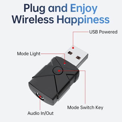 Car USB Bluetooth Receiver Transmitter 5 In 1 For In-Car Audio compact USB adapter showing mode light, mode switch key, and audio in/out for wireless car audio