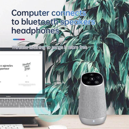 Car USB Bluetooth Receiver Transmitter 5 In 1 For In-Car Audio shown next to a laptop and Bluetooth speaker demonstrating wireless audio streaming