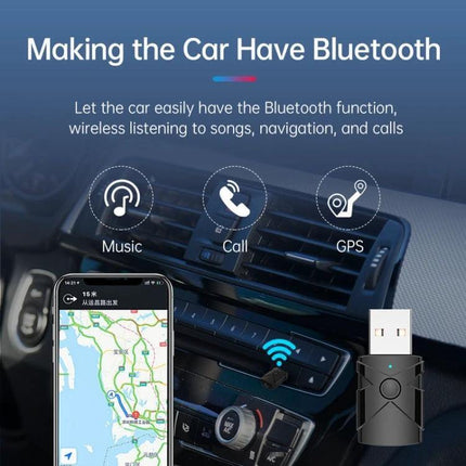 Car USB Bluetooth Receiver Transmitter 5 In 1 For In-Car Audio compact USB adapter showing phone GPS music and hands-free call features