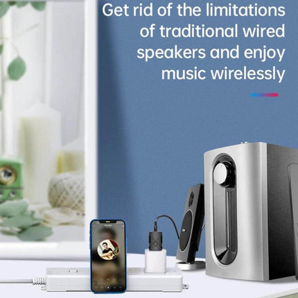 Car USB Bluetooth Receiver Transmitter 5 In 1 For In-Car Audio shown connected to phone and speakers for wireless music and hands-free calls