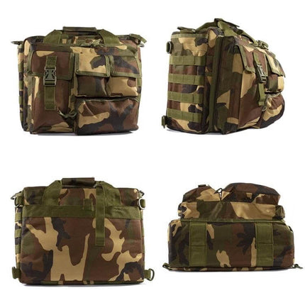 Outdoor Messenger Laptop Bag, Waterproof For Daily Commute in camouflage 4-view showing pockets, straps, 25L capacity, waterproof 600D oxford