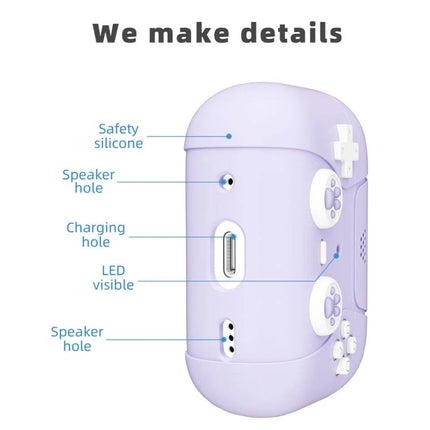 Cat Claw Silicone Case for Earphones During Daily Activities - lavender silicone protective case showing speaker hole, charging port, LED visibility and safety features