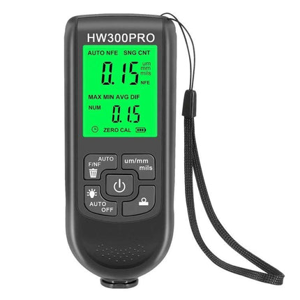 Coating Thickness Gauge for Paint and Industrial Use handheld digital gauge with green display showing 0.15 and wrist strap