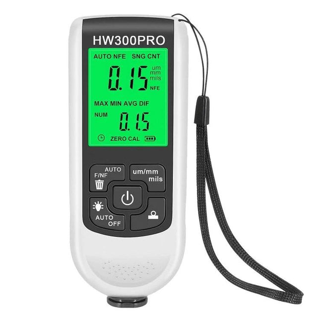 Coating Thickness Gauge for Paint and Industrial Use — handheld HW300PRO meter with green LCD, buttons and wrist strap for automotive and industrial coating measurements