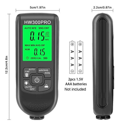 Coating Thickness Gauge for Paint and Industrial Use - HW300PRO handheld gauge with backlit display and buttons, compact for automotive and manufacturing inspections