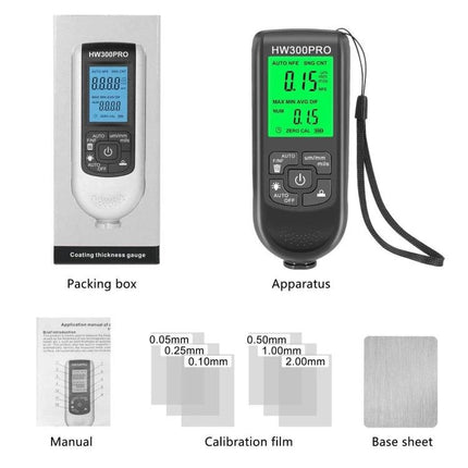 Coating Thickness Gauge for Paint and Industrial Use handheld gauge with LCD display, calibration films, manual and carrying pouch