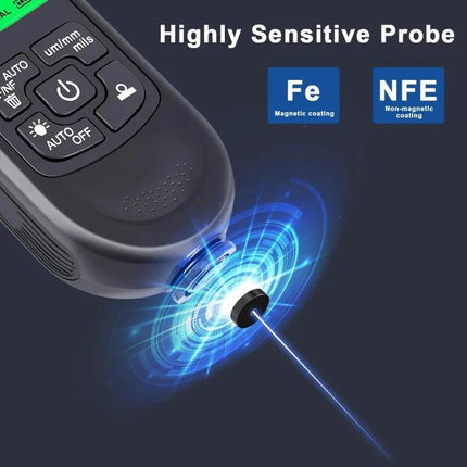 Coating Thickness Gauge for Paint and Industrial Use – handheld meter with highly sensitive probe measuring Fe and NFE coatings