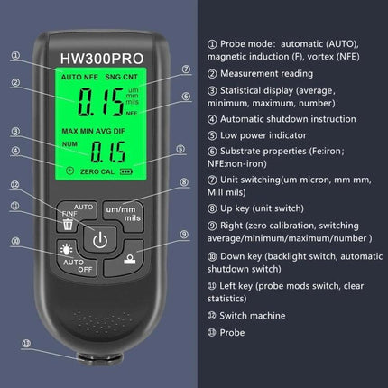 Coating Thickness Gauge for Paint and Industrial Use - handheld HW300PRO with LCD display showing measurement and mode labels
