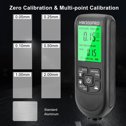 Coating Thickness Gauge for Paint and Industrial Use - HW300PRO digital gauge showing zero and multi-point calibration on aluminum