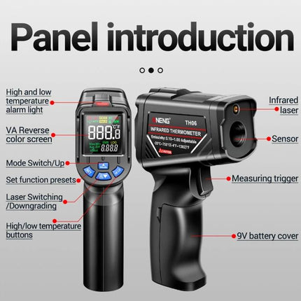 ANENG Infrared Thermometer for Non-Contact Food and Water Checks handheld infrared gun showing screen, buttons, sensor and labeled parts
