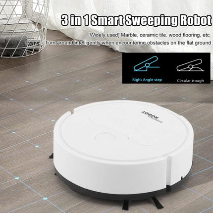Mini Robotic Vacuum Cleaner for Daily Home Cleaning white 3-in-1 smart sweeping robot on wood floor navigating around furniture