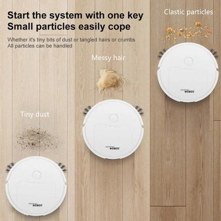 Mini Robotic Vacuum Cleaner for Daily Home Cleaning compact white robot cleaning tiny dust, messy hair and plastic particles on hardwood