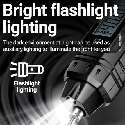 ANENG Non-Contact Digital Multimeter for Electrical Testing showing built-in flashlight tip illuminating a circuit for safe non-contact voltage detection