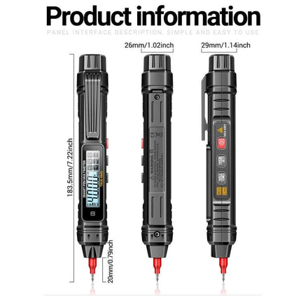 ANENG Non-Contact Digital Multimeter for Electrical Testing - pen-style tester showing display, buttons and probe dimensions