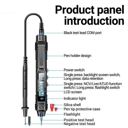 ANENG Non-Contact Digital Multimeter for Electrical Testing - product panel diagram showing probes, LCD, power switch, backlight, NCV and test head labels