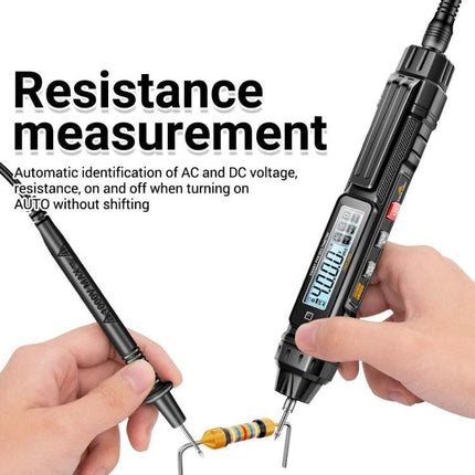 ANENG Non-Contact Digital Multimeter for Electrical Testing measuring resistor with probes, LCD display showing resistance and non-contact voltage detection