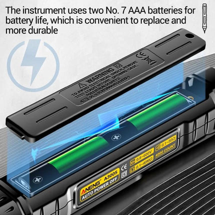 ANENG Non-Contact Digital Multimeter for Electrical Testing showing removable cover and two AAA batteries inside