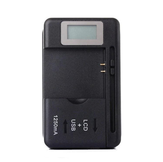 Essential Universal Charger for Everyday Mobile Device Needs - compact black universal mobile charger with LCD and USB slot