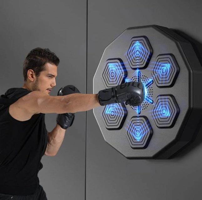 Bluetooth Intelligent Music Boxing Trainer Wall Mounted Home Practice with man punching LED training zones and Bluetooth music