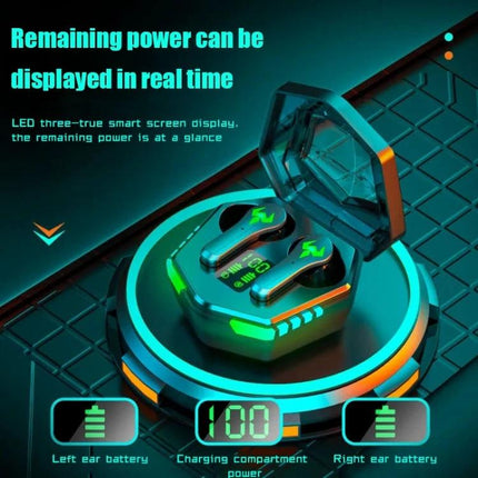 Wireless Bluetooth In-Ear Earphones With Low Latency For Commuting showing LED battery display on compact charging case with earbuds