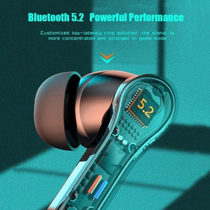 Wireless Bluetooth In-Ear Earphones With Low Latency For Commuting showing transparent bud with Bluetooth 5.2 chip and compact design