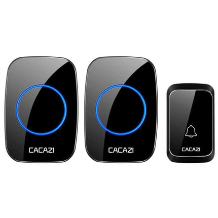 CACAZI Pumpkin-Shaped Wireless Waterproof Smart Home Doorbell showing two black receiver units with blue LED rings and one black pumpkin-shaped wireless button
