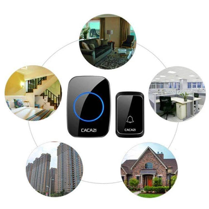 CACAZI Pumpkin-Shaped Wireless Waterproof Smart Home Doorbell shown with black receiver and transmitter next to home, apartment, office and building use scenes