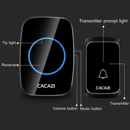 CACAZI Pumpkin-Shaped Wireless Waterproof Smart Home Doorbell black receiver and transmitter with blue ring, labeled volume and music buttons, waterproof design