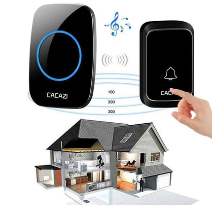 CACAZI Pumpkin-Shaped Wireless Waterproof Smart Home Doorbell showing black wireless chime and push button with house range illustration