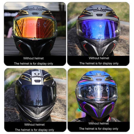 Motorcycle Helmet Lens With Anti Fog Spikes Replacement shown in four mirrored visor colors on a full-face helmet display