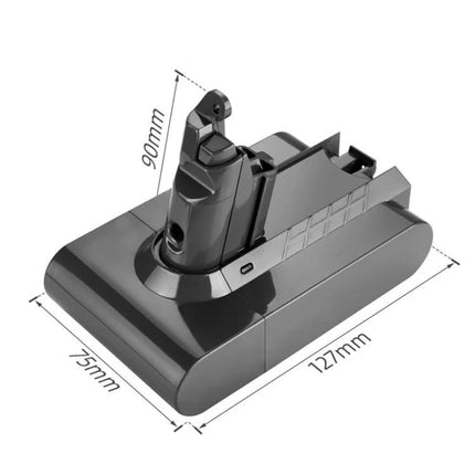 Dyson V6 Handheld Vacuum Replacement Battery Pack shown with dimensions 127mm x 75mm x 90mm, fireproof construction for reliable extended cleaning