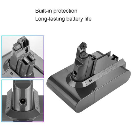 Dyson V6 Handheld Vacuum Replacement Battery Pack showing grey replacement battery with built-in protection and long-lasting battery life