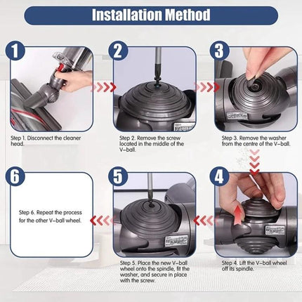 Replacement Suction Head with Wheels for Dyson Vacuums showing installation steps for V-ball wheel replacement on V10 and V11 models