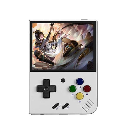 Miyoo Mini Plus Retro Handheld Game Console with IPS Screen portable white unit showing game on 3.5-inch IPS display