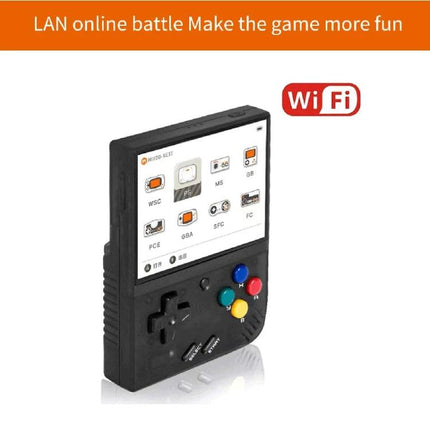 Miyoo Mini Plus Retro Handheld Game Console with IPS Screen black portable device showing colorful buttons and WiFi banner