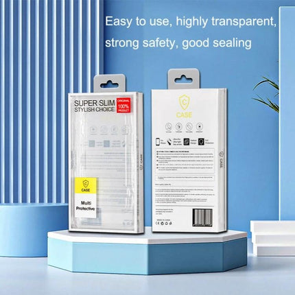 Universal Packaging Box for 6.1-6.7 Inch Phone Cases clear retail packaging showing front and back on display