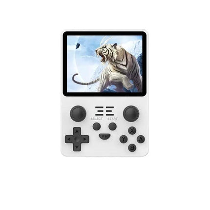 POWKIDDY RGB20S Handheld Retro Game Console with IPS Screen showing white unit with 3.5-inch IPS display and tiger game artwork