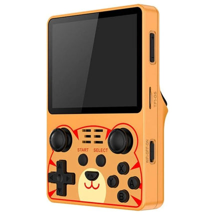 POWKIDDY RGB20S Handheld Retro Game Console with IPS Screen in orange with dual joysticks, D-pad and animal face design